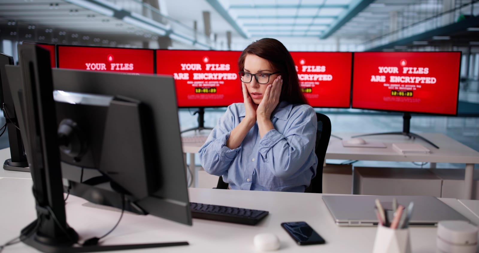 A woman in an office looks shocked at her computer screen. Three large monitors behind her display a red warning message that says “Your Files Are Encrypted,” indicating a ransomware attack.