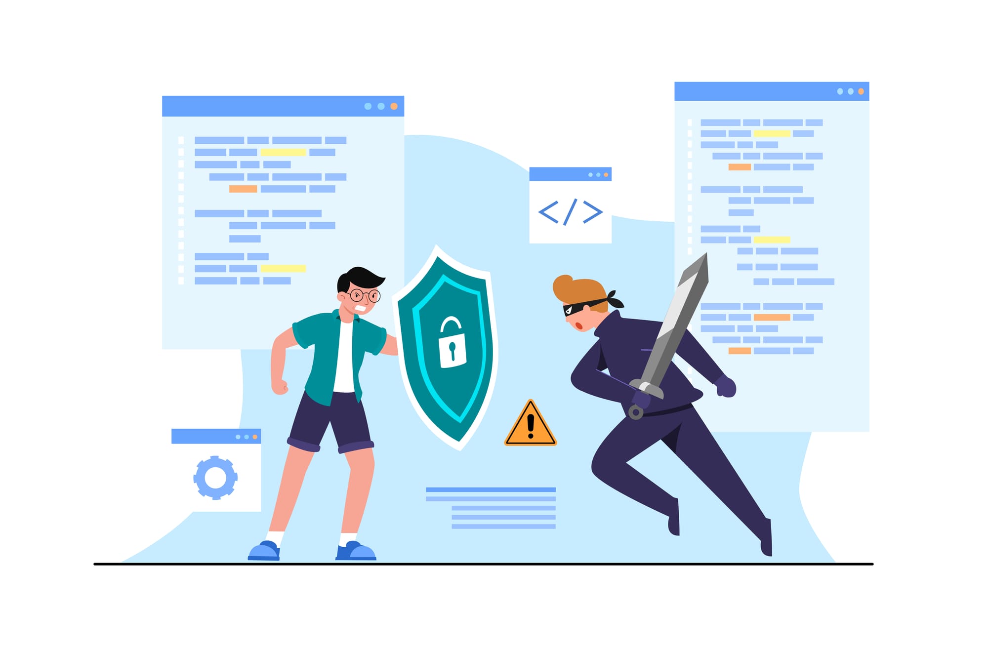 A person stands beside a secure shield icon, defending against a masked figure with a sword. Coding windows, warning signs, and gears appear in the background, symbolizing cybersecurity and protection from online threats.