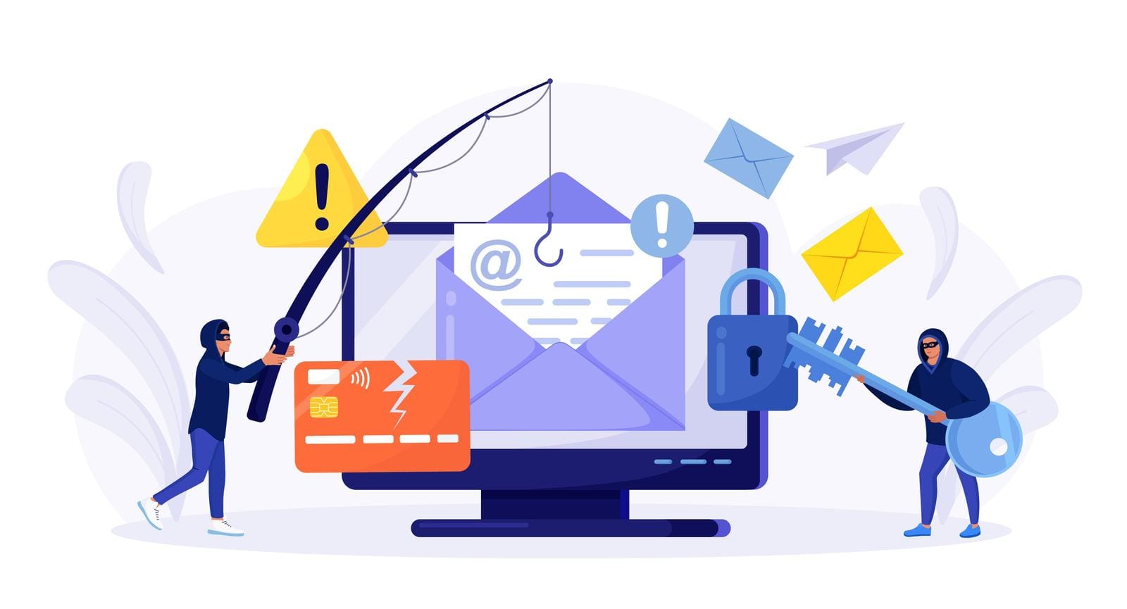 Illustration of two masked figures using tools to steal personal data from a computer, including a credit card and email, surrounded by warning signs, a lock, and floating envelopes, representing phishing and online security threats.