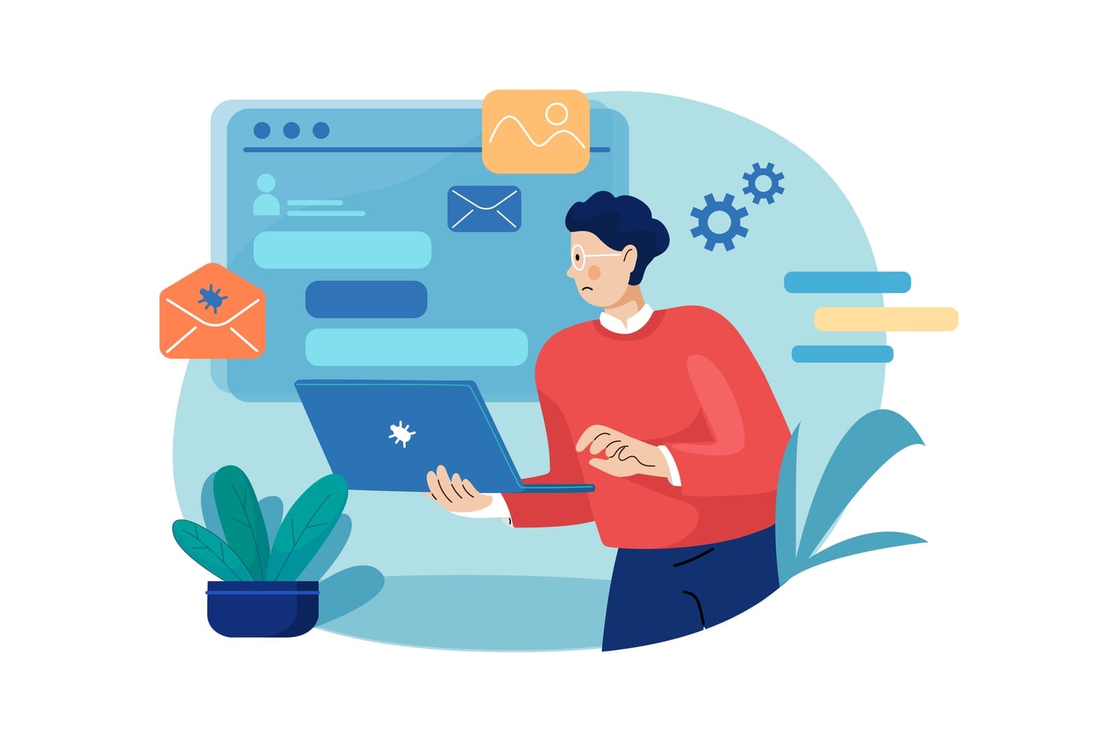 Illustration of a person wearing glasses and a red sweater holding a laptop, surrounded by email icons, gears, and digital interface graphics, suggesting online communication or remote work.